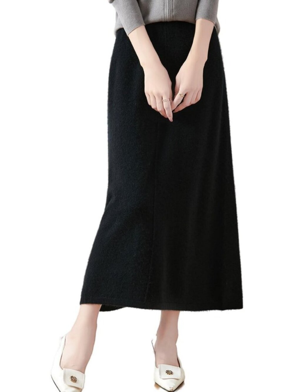 Cozy Merino Wool Knit Midi Skirt for Women - Ribbed, Elastic, Casual & Warm